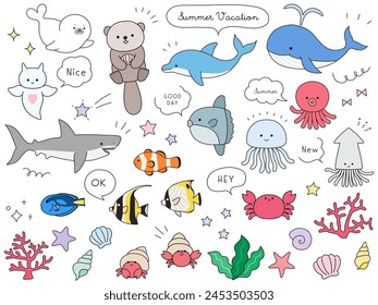 Vector illustration set of cute sea creatures. sea, aquarium