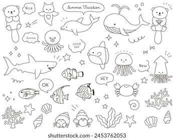 Vector illustration set of cute sea creatures. sea, aquarium