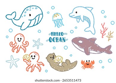 Vector illustration set of cute sea animals drawn with crayons