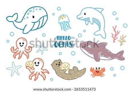 Vector illustration set of cute sea animals drawn with crayons