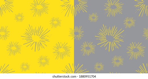 Vector illustration. Set of cute seamless patterns with bursts in trendy colors of the 2021 year. Simple hand drawn doodle clipart. For fabric, textile, cards, banner,gift wrapping, children projects.