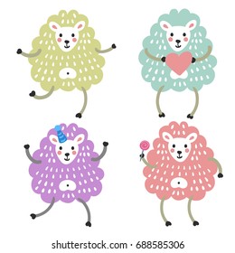 Vector illustration, set with cute sheep. Little lambs, children's pictures, print for kids, rustic animals