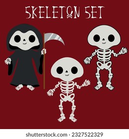 vector illustration of set of cute skeletons and death