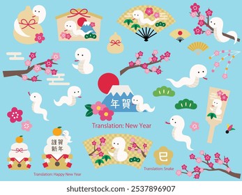 A vector illustration set of cute snakes for the year of the snake 2025. New Year, New Year's card, plum blossom, white snake, lucky charm