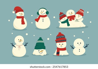 Vector Illustration Set of cute snowmen in hats and scarves. Cute New Year snowmen. Collection of cheerful characters