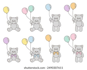 Vector illustration set of cute stuffed cats holding balloons. Icon, animal