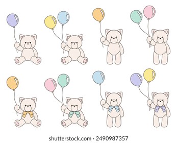 Vector illustration set of cute stuffed cats holding balloons. Icon, animal