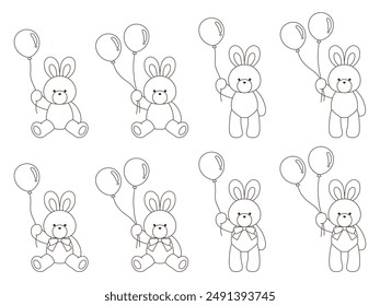 Vector illustration set of cute stuffed rabbits holding balloons. Icon, Animal