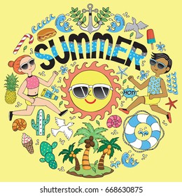 Vector  illustration set of cute summer icons. Collection of tropical icons for wedding, anniversary, birthday and party. Design for banner, poster, card, invitation, brochure and scrapbook	