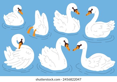 Conjunto de Ilustración vectorial de cisnes lindos para sello digital, tarjeta de felicitación, etiqueta engomada, icono, diseño