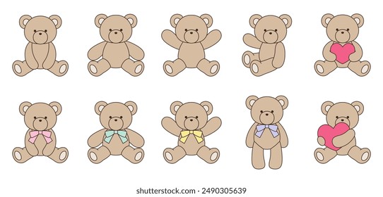 Juego de Ilustración vectorial de ositos de peluche lindos. Iconos, animales, corazones