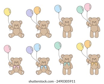 Conjunto de Ilustración vectorial de ositos de peluche lindos sosteniendo globos. Icono, animal