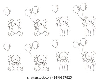 Conjunto de Ilustración vectorial de ositos de peluche lindos sosteniendo globos. Icono, animal