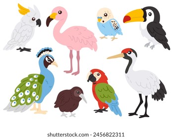 Vector illustration set of cute tropical birds for digital stamp,greeting card,sticker,icon,design