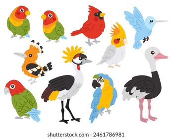 Vector illustration set of cute tropical birds for digital stamp,greeting card,sticker,icon,design