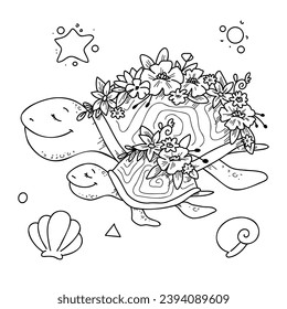 Vector illustration Set of cute turtle with baby in doodle hand drawing style.