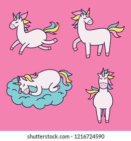 Vector illustration set of cute unicorn in doodle cartoon style