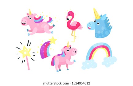Vector Illustration Set With Cute Unicorn And Flamingo For Design