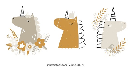 Ilustración vectorial de un bonito unicornio y flores sobre un fondo blanco. Colección de caballos. Ilustración gentil para tarjeta, invitaciones de cumpleaños, ducha de bebé, impresión en ropa. Boho. 