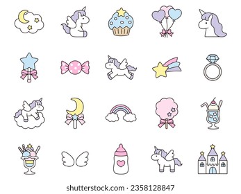 Vector illustration set of cute unicorns and girly icons such as castles, stars and moon.     Shooting star, cream soda, baby bottle, rainbow, ice cream, ring, candy, feather