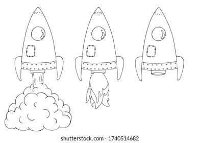 Vector illustration. Set of cute unpainted taking off and flying rockets isolated on white background. Hand drawn simple doodle clipart. Theme of space and astronomical. For posters, banners, cards
