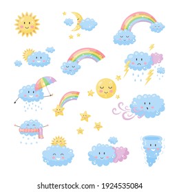 Vector illustration. Set cute weather for kids. Sun, moon, clouds, rainbow, stars.