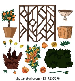 Vector illustration set of cute wedding decorations in brown and green colours isolated on white background. Flowers, bushes, vases