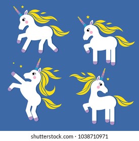 Vector illustration set of cute white fairy  unicorn on the blue background with yellow hair and colorful horn.Cute magic collection with unicorn. Pony character. 