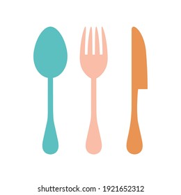 vector illustration of set cutlery for serving, colored fork, spoon and knife in cartoon style isolated on white background, kitchen elements for eating