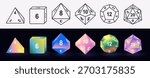 Vector illustration set of D4, D6, D8, D10, D12, D20 dice icons isolated. Polyhedral gaming dice collection for tabletop, RPG, and board game design projects. Vibrant gradient colors.