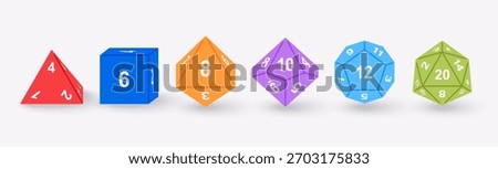 Vector illustration set of D4, D6, D8, D10, D12, D20 dice icons isolated. Polyhedral gaming dice collection for tabletop, RPG, and board game design projects.
