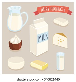 Vector illustration set of dairy production and hand writing lettering. Milk jug, butter, a glass of milk, sour cream, cottage cheese, cheese, milk packaging