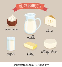 Vector illustration set of dairy production and hand writing lettering. Milk jug, butter, a glass of milk, sour cream, cottage cheese, cheese, milk packaging with lettering name in English 