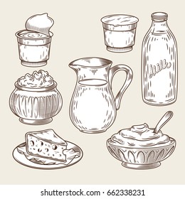 Vector illustration of a set of dairy products in the style of engraving. Black and white bottle and milk jug, sour cream, yogurt, cottage cheese, curd, cheese isolated on a light background