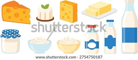 Vector illustration set of dairy products including milk bottles, cheese wedges, butter, yogurt bowls, and cream jars isolated on white background for healthy diet concepts.