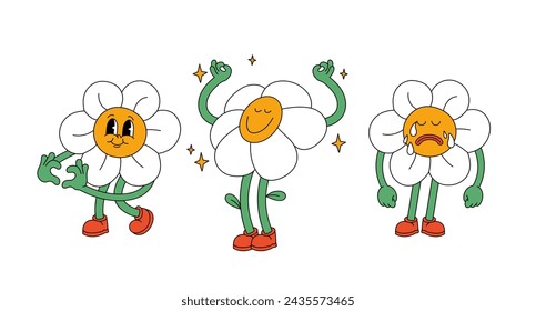 Vector illustration set with daisy flowers with different emotions ?n retro style. Groovy sticker with plant for print or social media