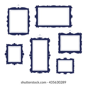 Vector illustration of set of dark blue vintage rectangular frames in modern style hanging on white wall background. Flat art style design of frame for web, site, advertising, banner, poster, card