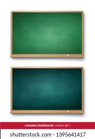 Vector illustration set of dark and light green horizontal chalkboards with wooden frames with piece of chalk and shadow isolated on white background.