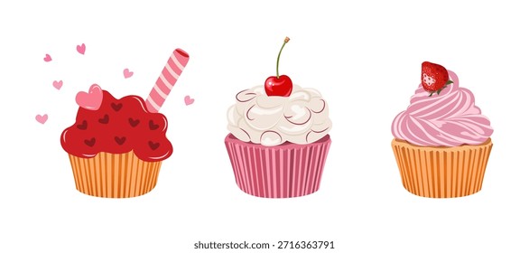  Vektorgrafik Set eines Valentinstag-Gebäcks mit Beerencreme und Herzakzenten. Nettes flaches Design mit sanften Farben und romantischer Feststimmung, ideal für Grußkarten