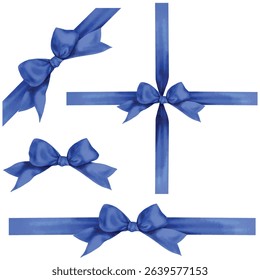 Vector illustration set of decorative blue bow isolated on white background  watercolor style digital painted.