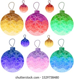 Vector illustration. Set of decorative Christmas tree balls. Snowflake pattern, color transition, bright Christmas colors
