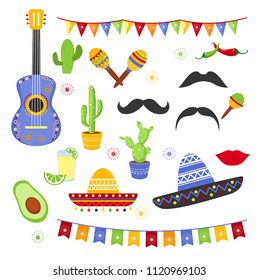 Vector illustration set of decorative elements for Fiesta. Collection of Cinco de Mayo design, flat cartoon style mexican hats, avocado, tequila, celebration, carnaval.