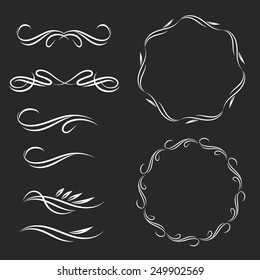 Vector illustration set of  decorative floral elements. White on black background