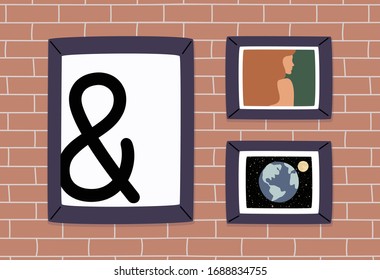 Vector illustration of a set of decorative posters in black frames on a brick wall background.