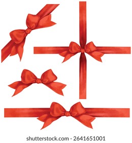 Vector illustration set of decorative red bow isolated on white background  watercolor style digital painted.