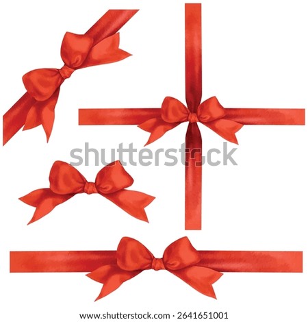 Vector illustration set of decorative red bow isolated on white background  watercolor style digital painted.