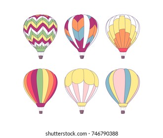 Vector illustration, set of  decorative retro bright hot air balloons isolated on a white background.