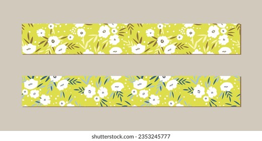 Vector illustration of a set of decorative ribbon stripes. Masking tape, satin or corsage, grssgrain tape, adhesive tapes for frames, scrapbooking. Packing patterned ribbons with foral ornament.