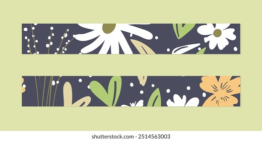 Vector illustration of a set of decorative ribbon stripes. Masking tape, satin or corsage, grssgrain tape, adhesive tapes for frames, scrapbooking. Packing patterned ribbons with foral ornament.