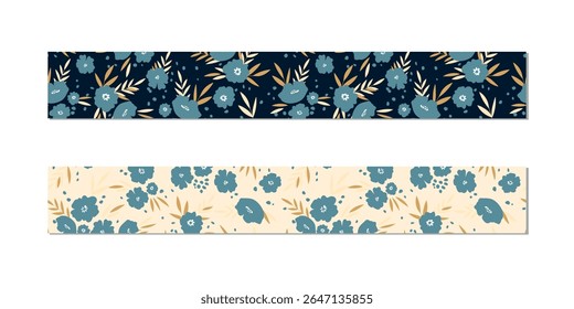 Ilustração vetorial de um conjunto de faixas decorativas. Fita adesiva de mascaramento, cetim ou corsage, fita adesiva de grssgrain, fitas adesivas para quadros, scrapbooking. Fitas estampadas de embalagem com ornamento foral.